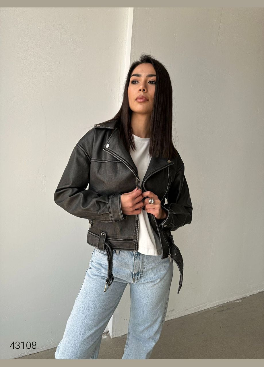 Темно-серая демисезонная винтажная женская куртка косуха из экокожи Liton