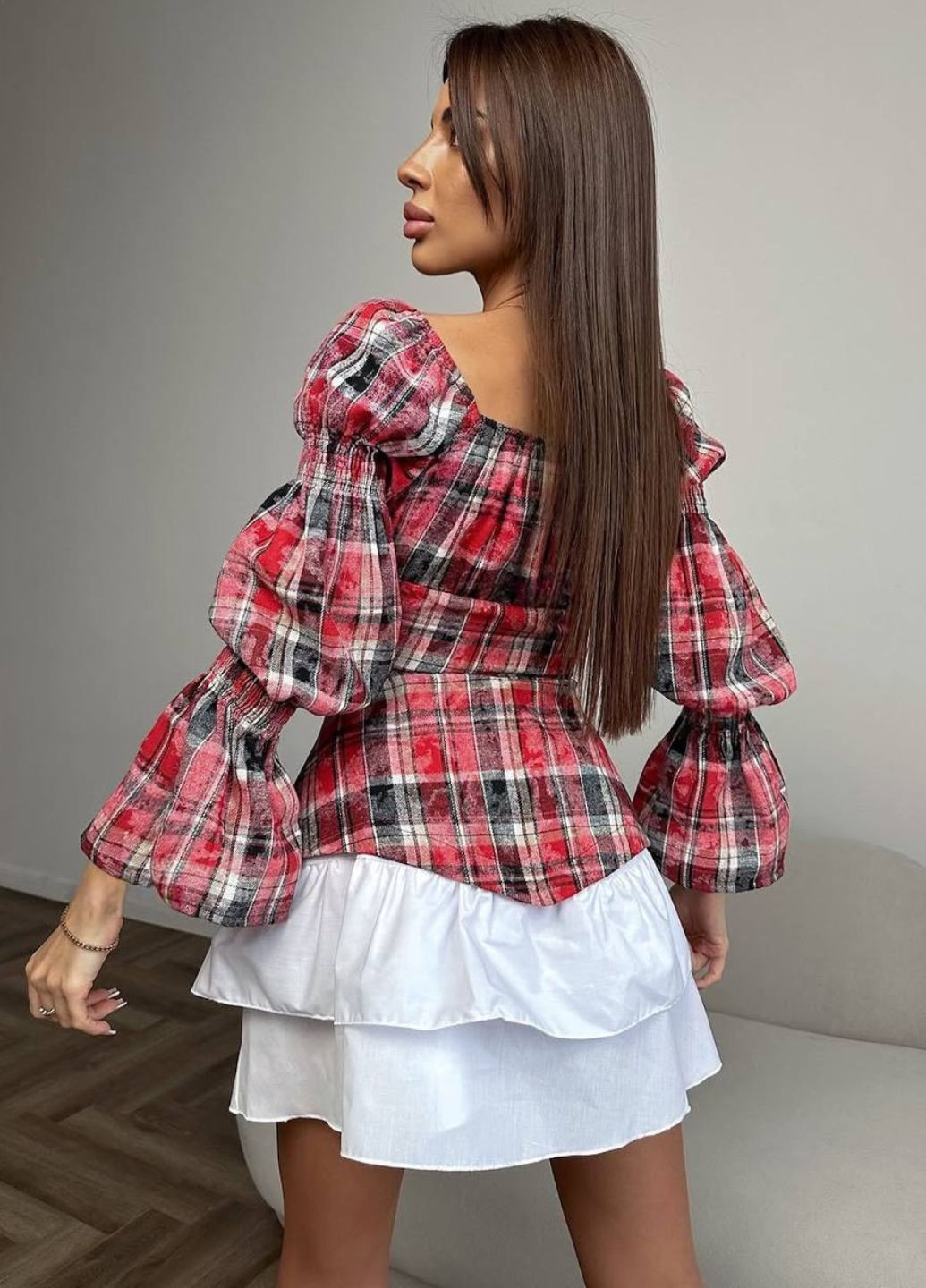 Бордова кежуал вишукана міні сукня комбінація з верхом в клітинку та подвійною спідницею сукня-комбінація Tik-Tak в клітинку