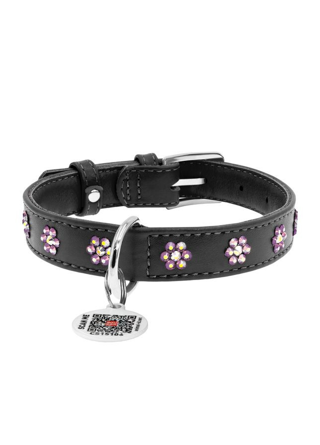 Нашийник для собак шкіряний Glamour з QR паспортом, з клейовими стразами "Квіти", Ш 15 мм, Дов 27-36 см чорний WAUDOG (322001885)