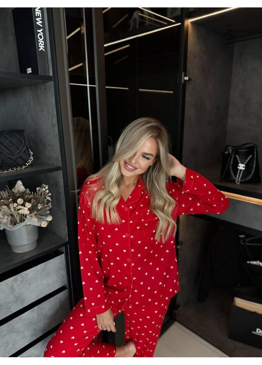 Красная женская пижама красная с белыми сердцами / домашний комплект для сна с принтом сердец / пижама с длинными рукавами и брюками No Brand