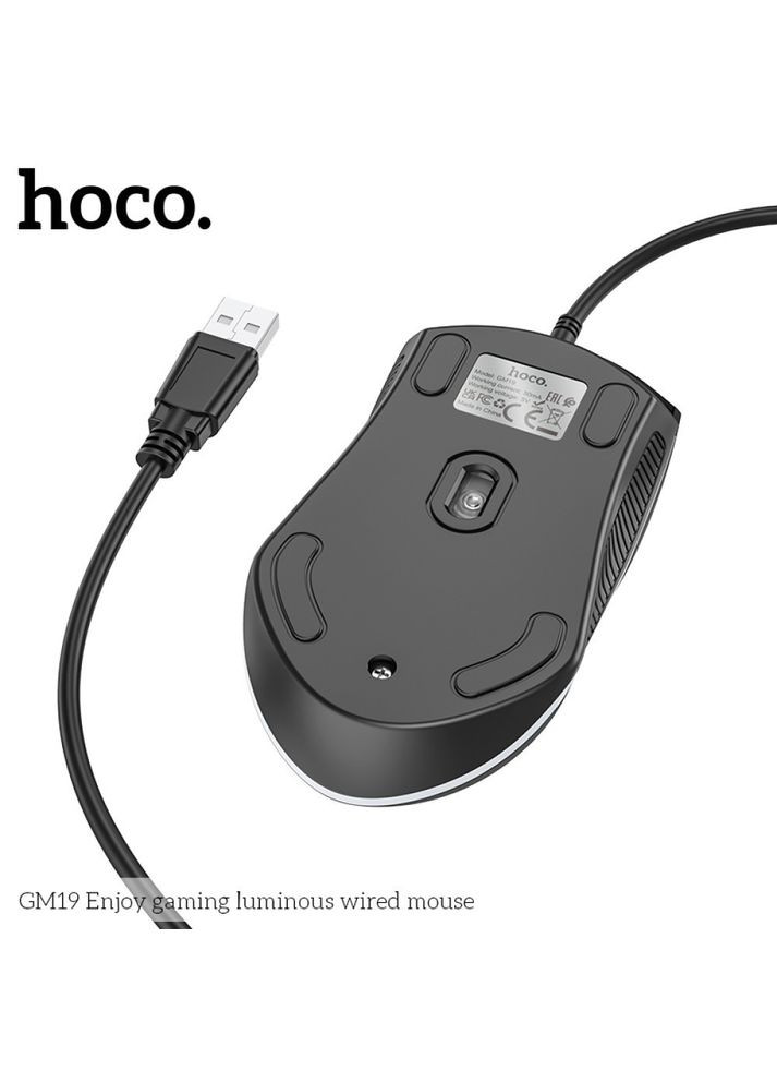 Проводная оптическая USB Мышка GM19 RGB подсветка, чувствительностью 1000DPI кабель 1.4m Black Hoco (346270288)