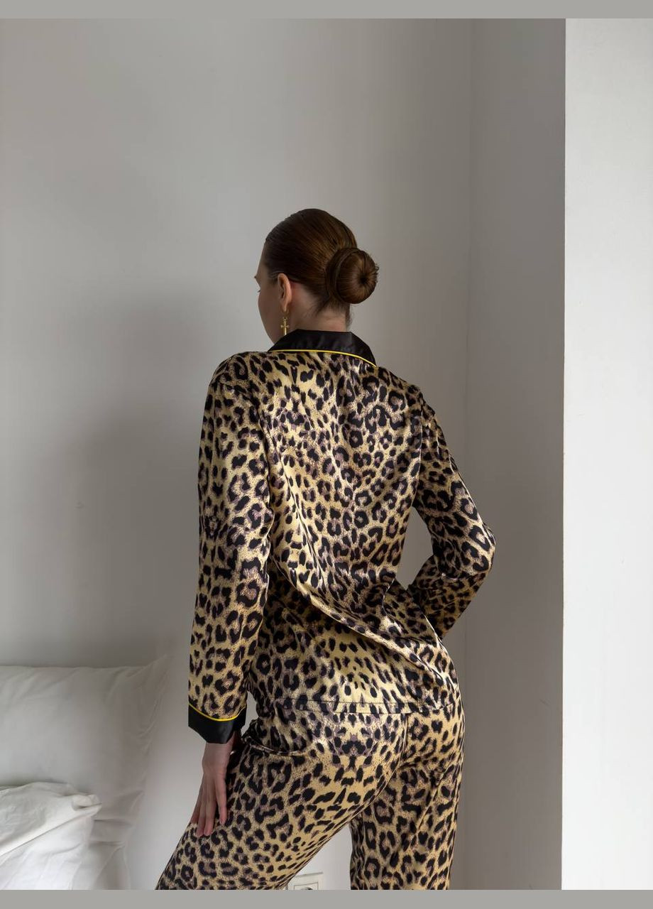 Комбинированная всесезон стильная шелковая пижама с леопардовым принтом рубашка + брюки No Brand