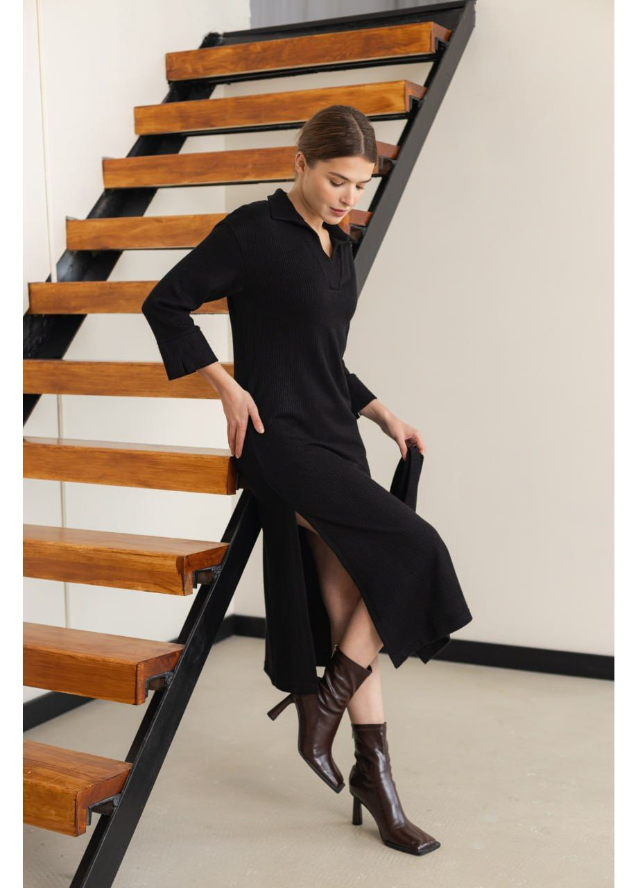 Черное теплое трикотажное платье черного цвета No Brand