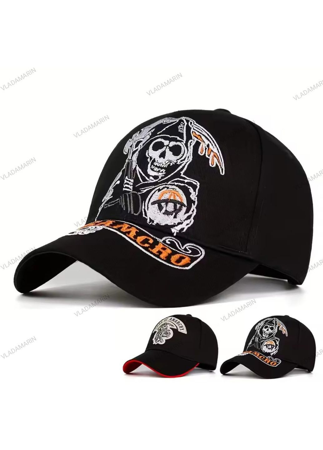 Кепка чорна з кольровою вишивкою черепа,готична бейсболка з вигнутим козирком(Смерть з косою),унісекс DU&KA (370784257)