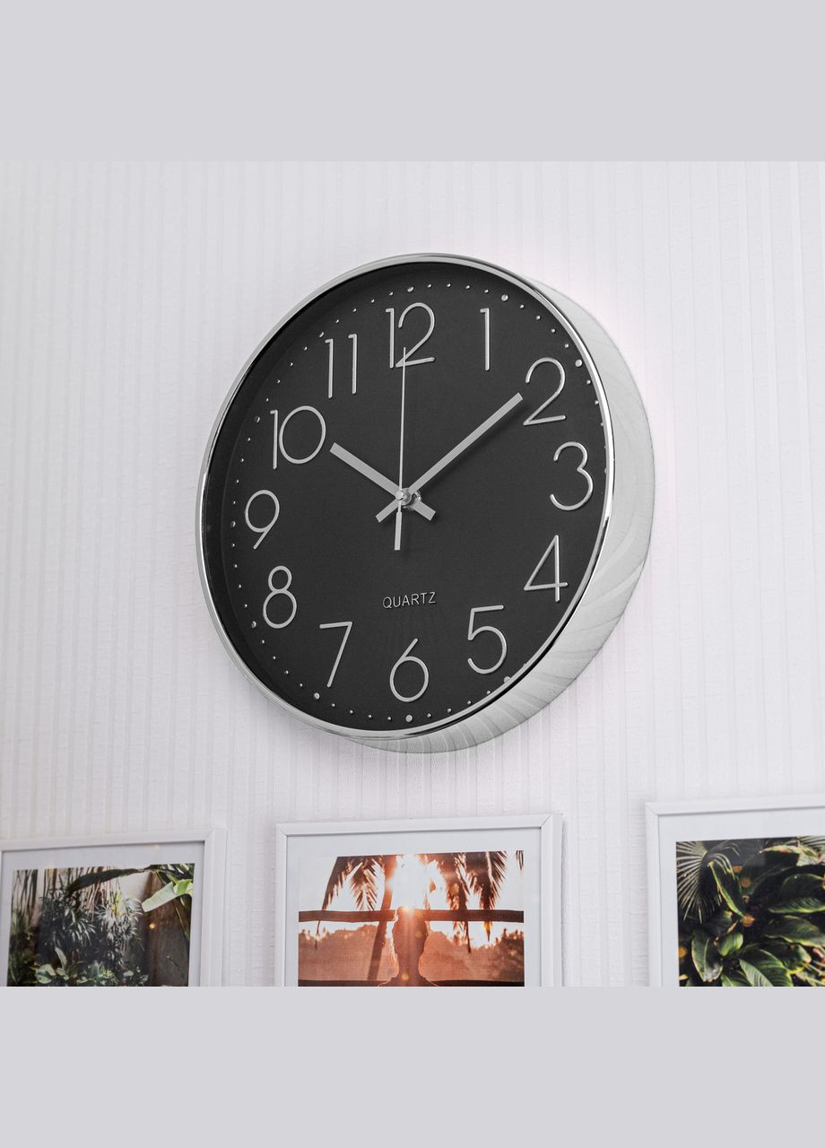 Часы настенные кварцевые бесшумные круглые для дома Premium Silver CW-30 - Черные Losso (322776915)