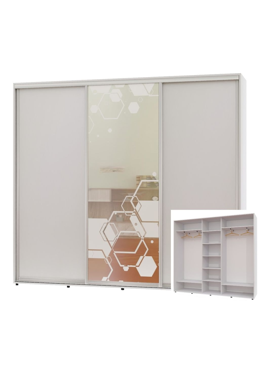 Шафа-купе тридверна 250*45*250 Білий 2 ДСП/Дзеркало з піскострумним малюнком ШК-04 Алекса (360450839)