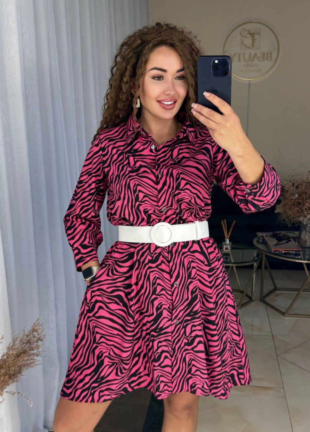 Малинова повсякденний вишукана повсякденна міні сукня-сорочка на гудзиках з зебровим візерунком з поясом в комплекті сукня-сорочка Allthings зебра