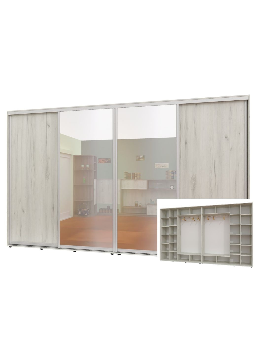 Шафа-купе чотиридверна 370*60*230 см Дуб крафт білий 4 двері ДСП + Дзеркало + Дзеркало + ДСП ШК-02 Алекса (360450785)