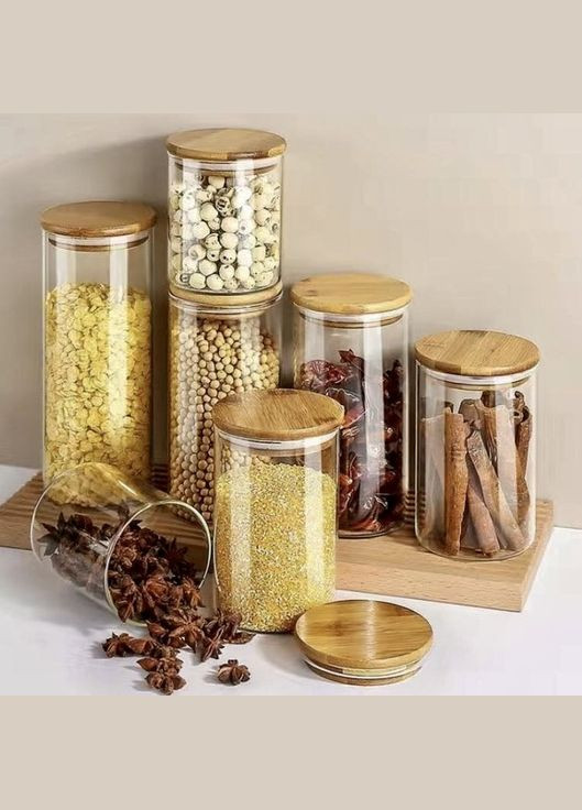 Ємність для сипких продуктів скляна кругла з бамбуковою кришкою 15 см No Brand (328905623)