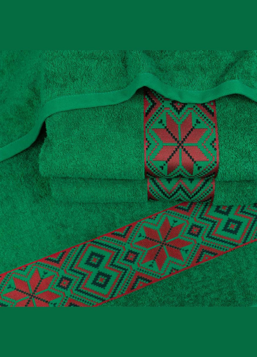 Банний махровий рушник з вишивкою 50х90см Ukrainian style 450г/м2 (Зелений) GM Textile зелений