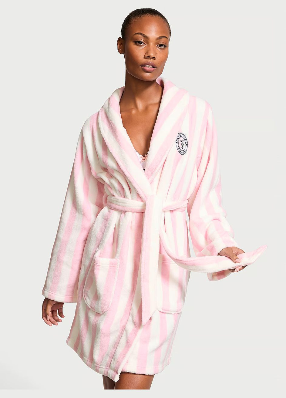 Халат жіночий Short Cozy Robe плюшевий в смужку Білий/Рожевий Victoria's Secret (328604555)