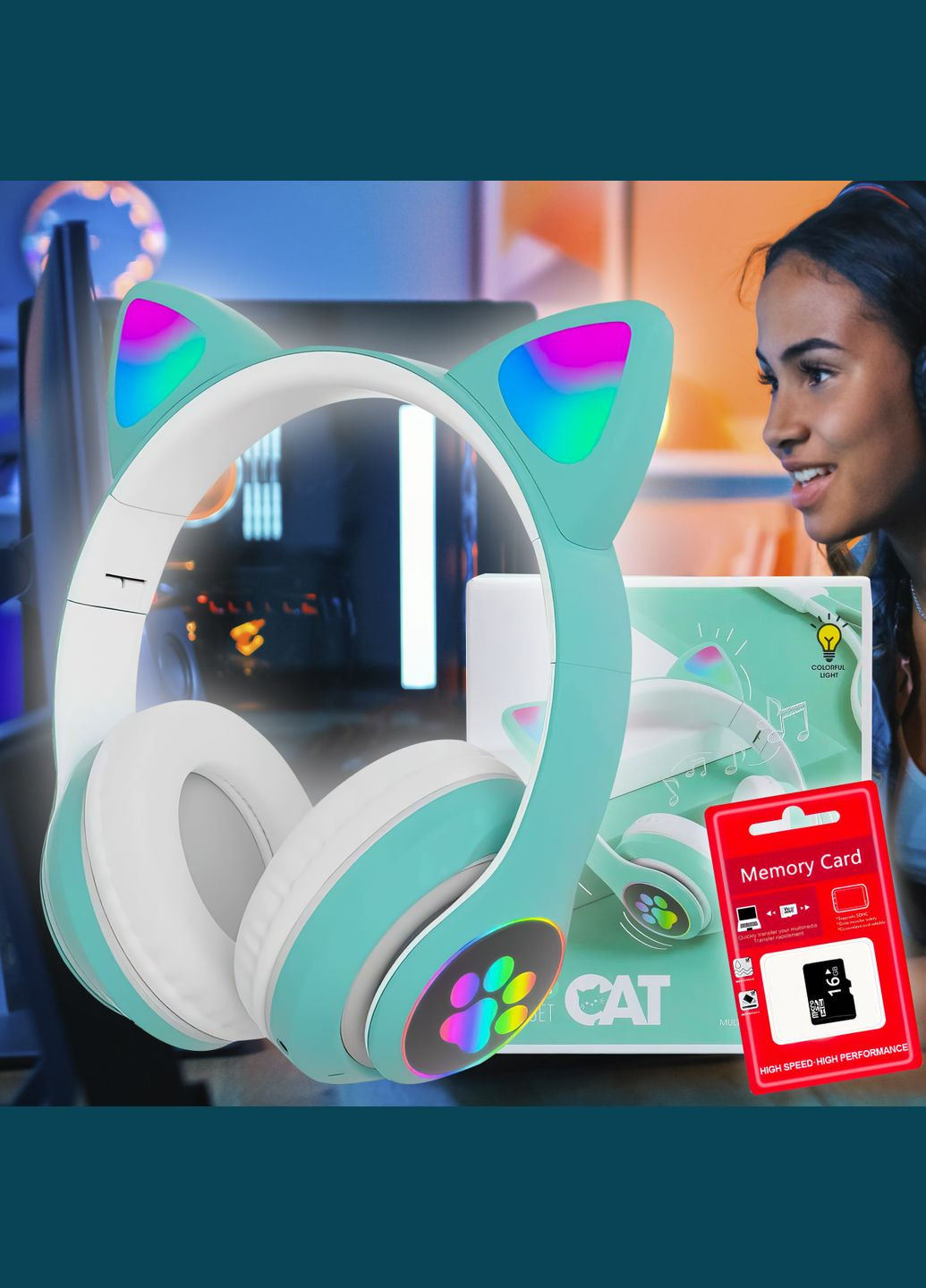 Бездротові портативні bluetooth TWS навушники з котячими вушками Cat STN-28 + SD карта пам'яті 16 Гб Бірюзові No Brand (337515025)