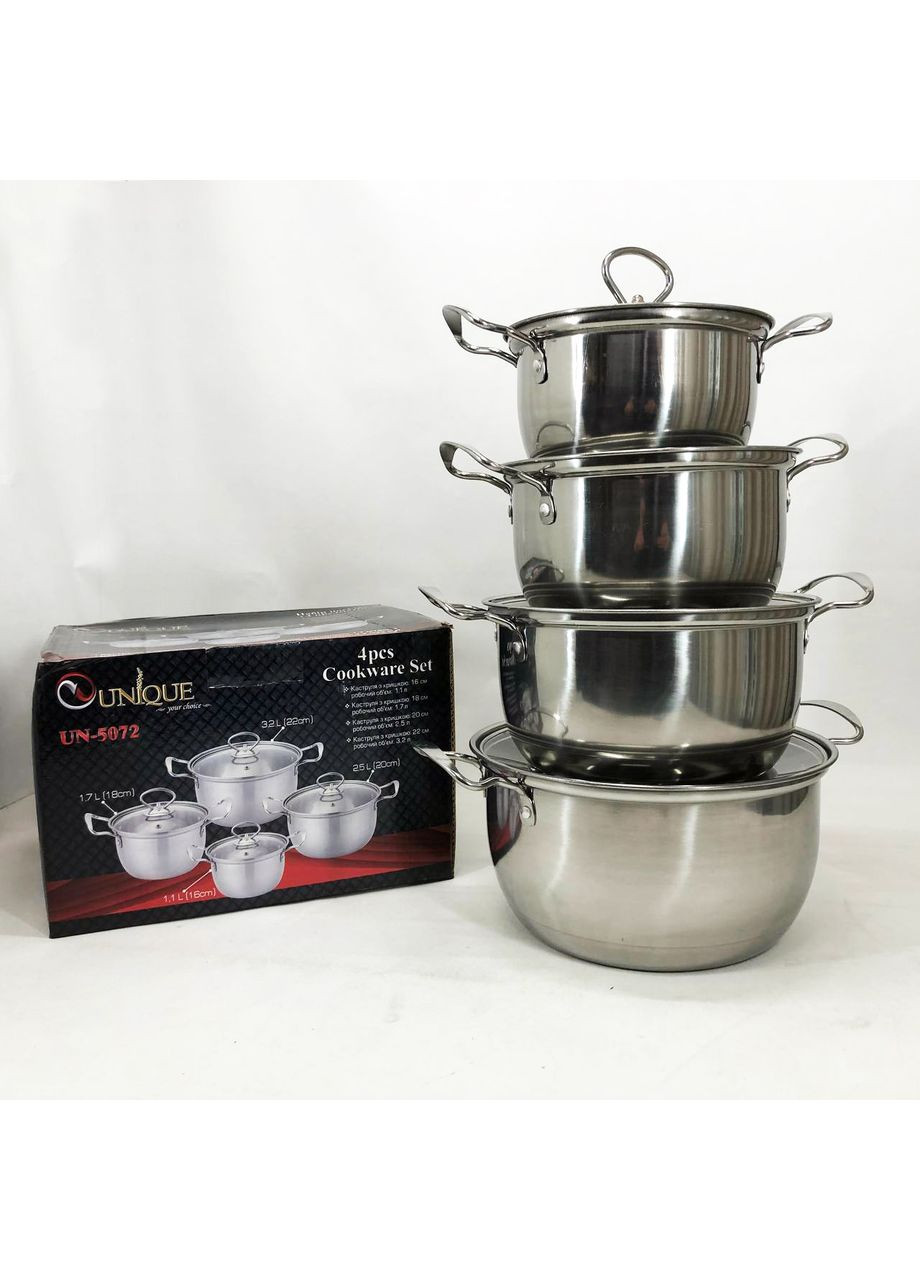 Набор кастрюль UN-5072 8 предметов нержавеющая сталь стеклянные крышки, Набор посуды для плит Unique (366238633)