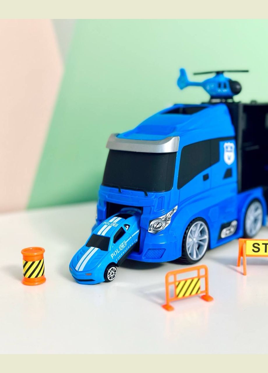 Набор машинок Трейлер с транспортом 666-08K с дорожными знаками, машинками и вертолетом Полиция Fun Game (327217791)