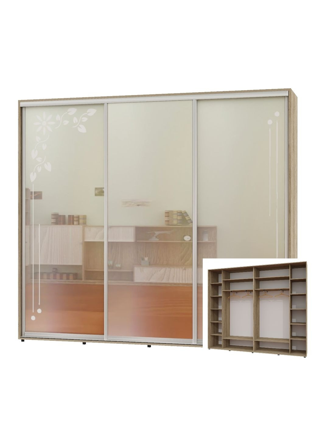 Шафа-купе тридверна 300*45*250 Дуб крафт сірий 2 Дзеркала з піскострумним малюнком/Дзеркало Люкс-149 Алекса (360453395)
