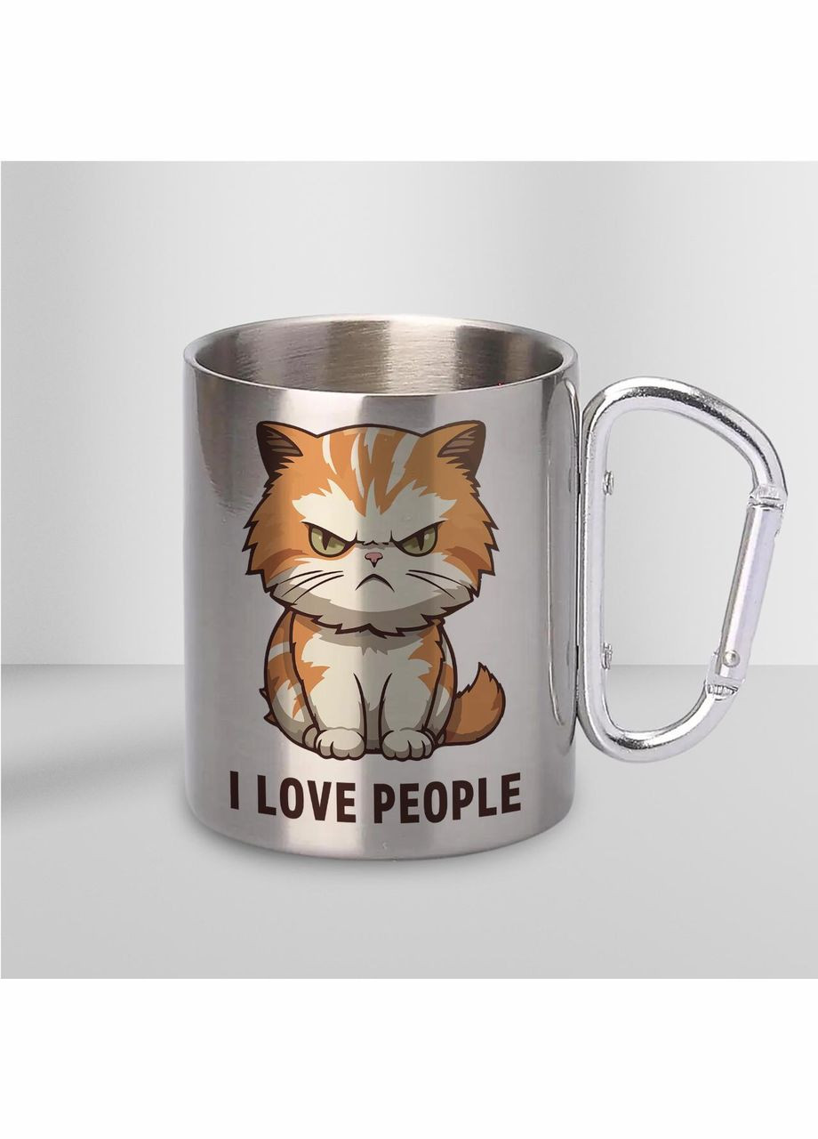 Чашка металлическая с принтом "I Love People" 300 мл с карабином, серебристая No Brand (324264084)