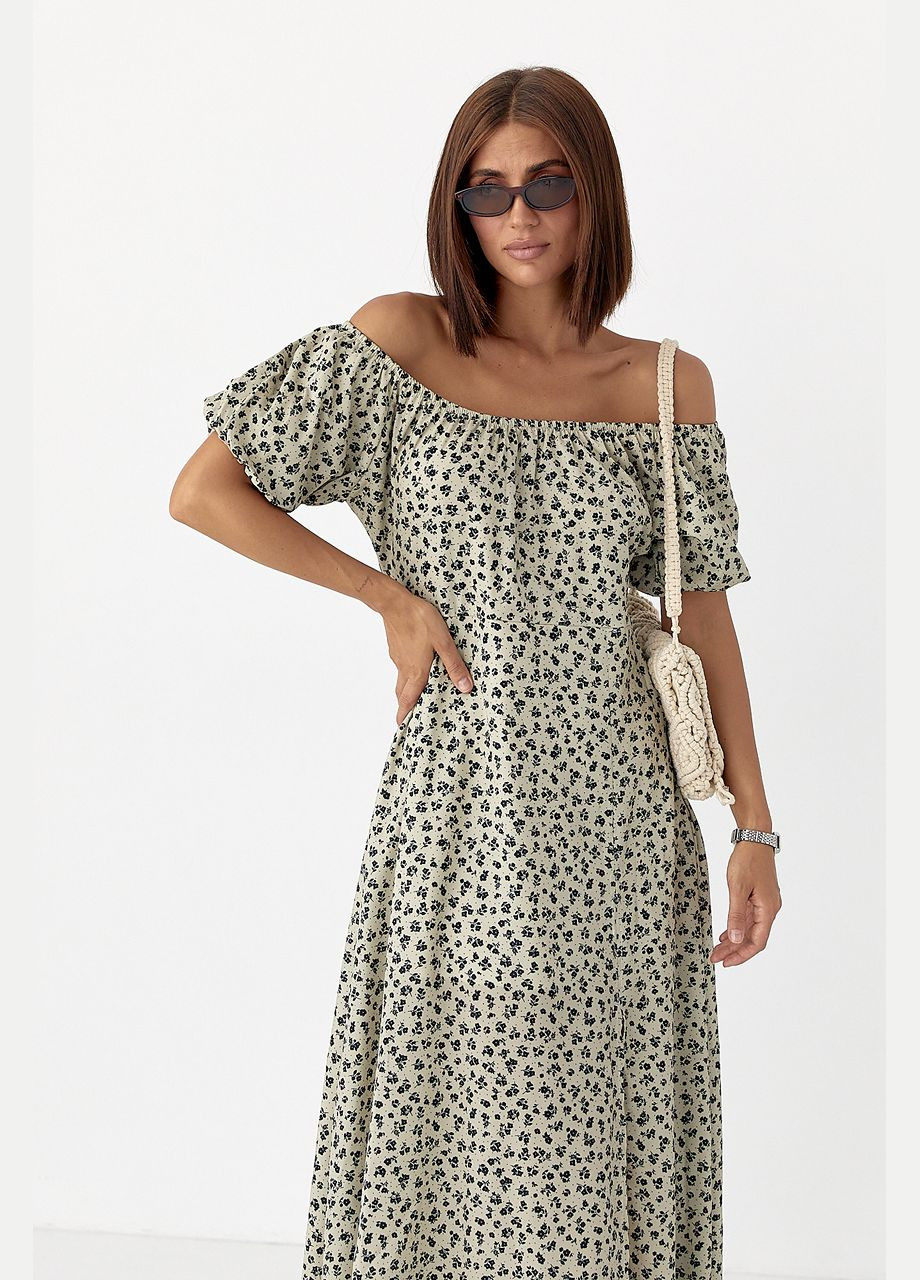 Кавова квіткова сукня з рукавами-ліхтариками Lurex