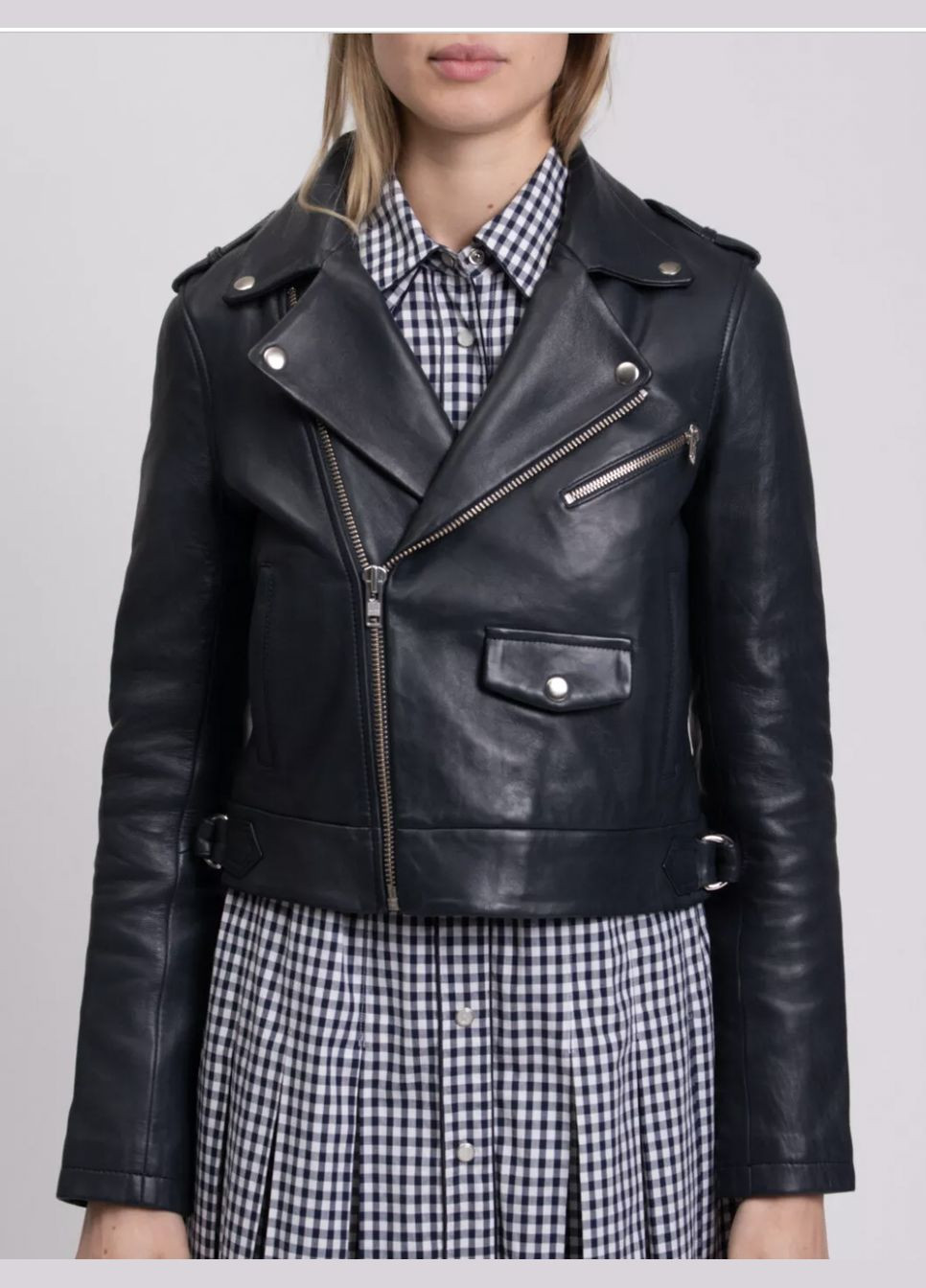 Темно-синя демісезонна стильна шкіряна куртка косуха, байкерська Maje байкерська шкіряна косуха Bastille