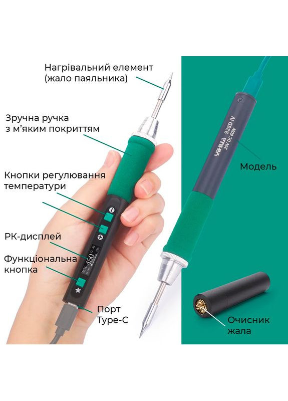 Прецизійний портативний паяльник 928D-IV 60W / жало C235-I / БЖ 65W / Type-C / підставка / очищувач Yihua (356116965)