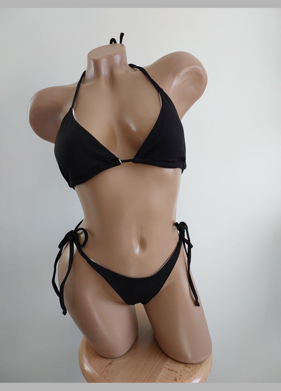 Чорний демісезонний жіночий роздільний купальний в рубчик на зав'язках (арт.60133) No Brand