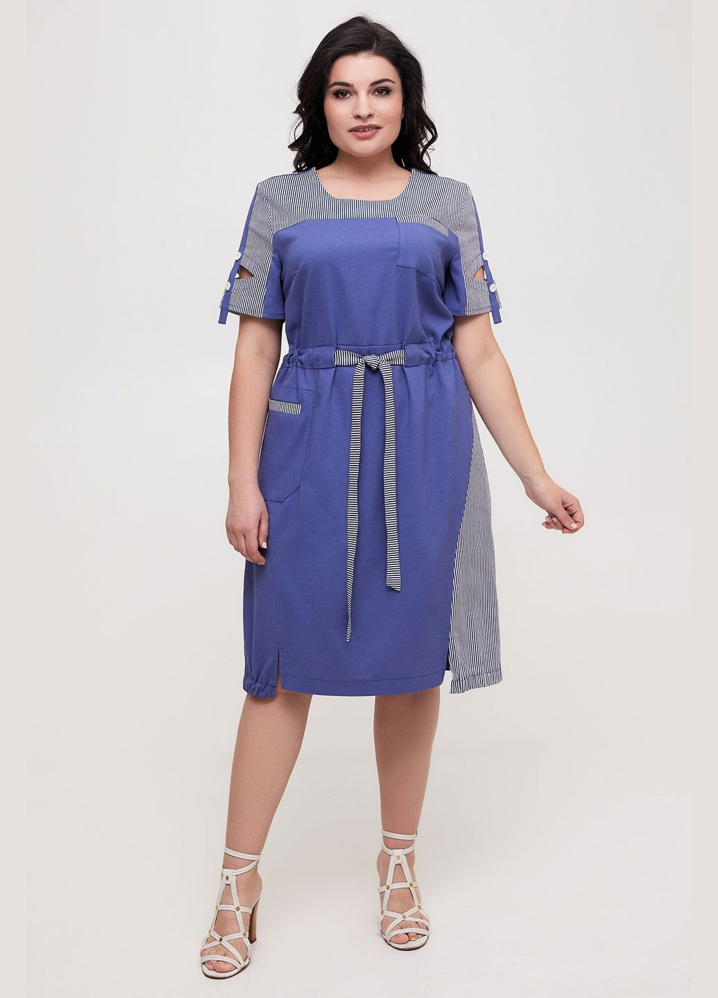 Синее летнее льняное платье с кулиской на талии и карманами all posa (ap100572p) A'll Posa