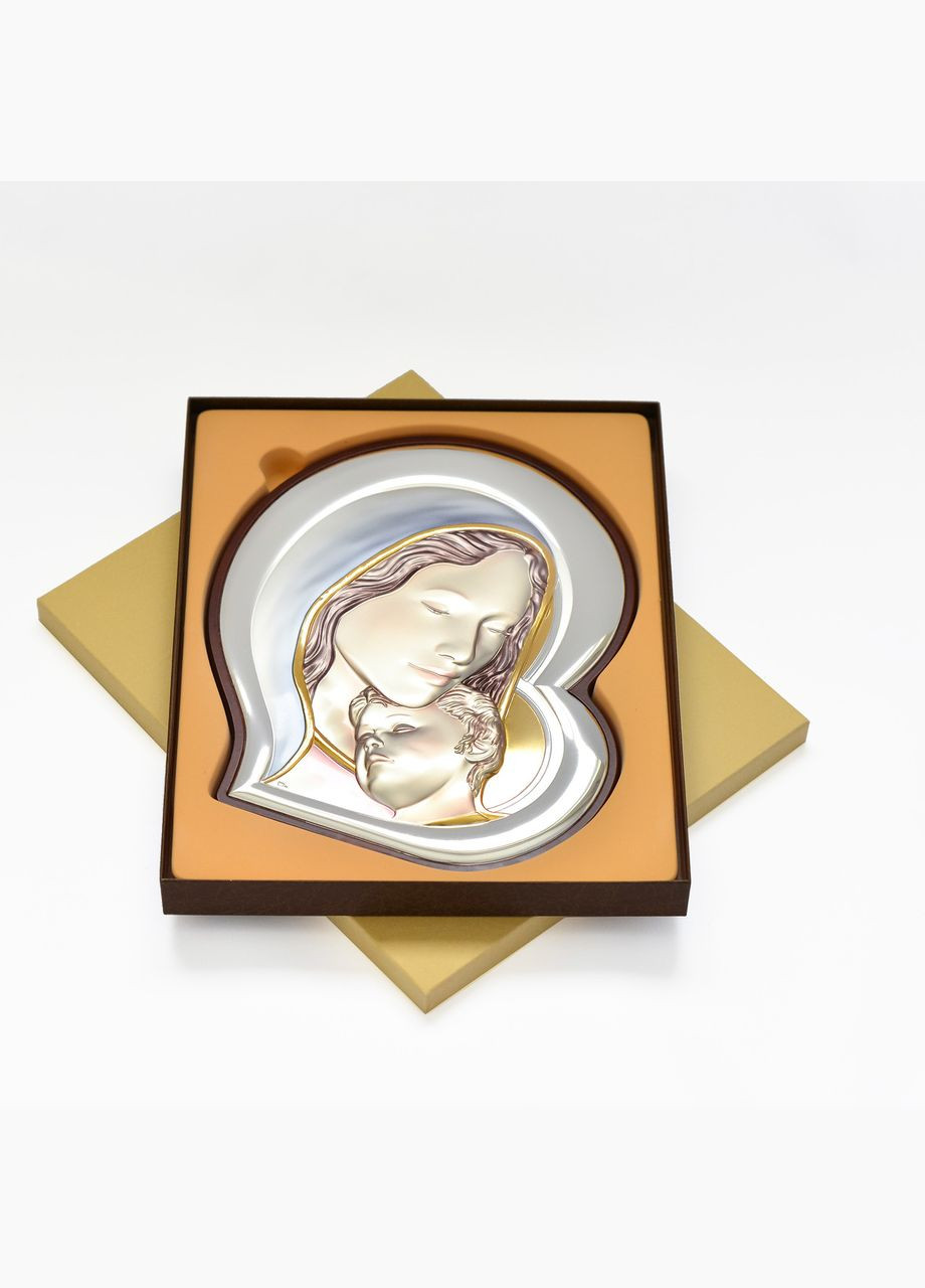 Срібна ікона Богородиця з немовлям у формі серця з емаллю 13х15см Prince Silvero (265215486)