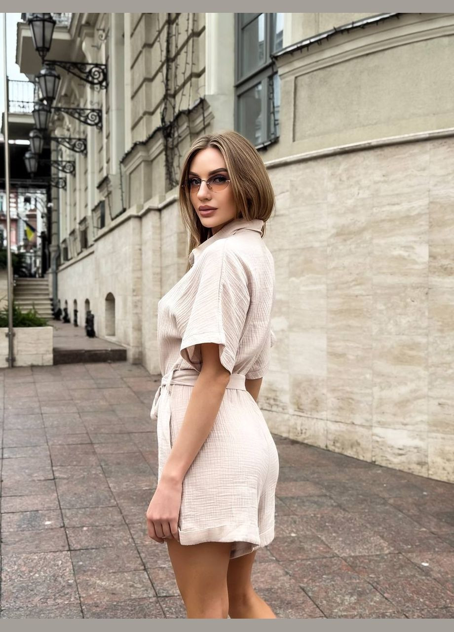 Легкий літній комбінезон із мусліну з поясом No Brand Р1558-359/3 комбінезон-шорти бежевий муслін