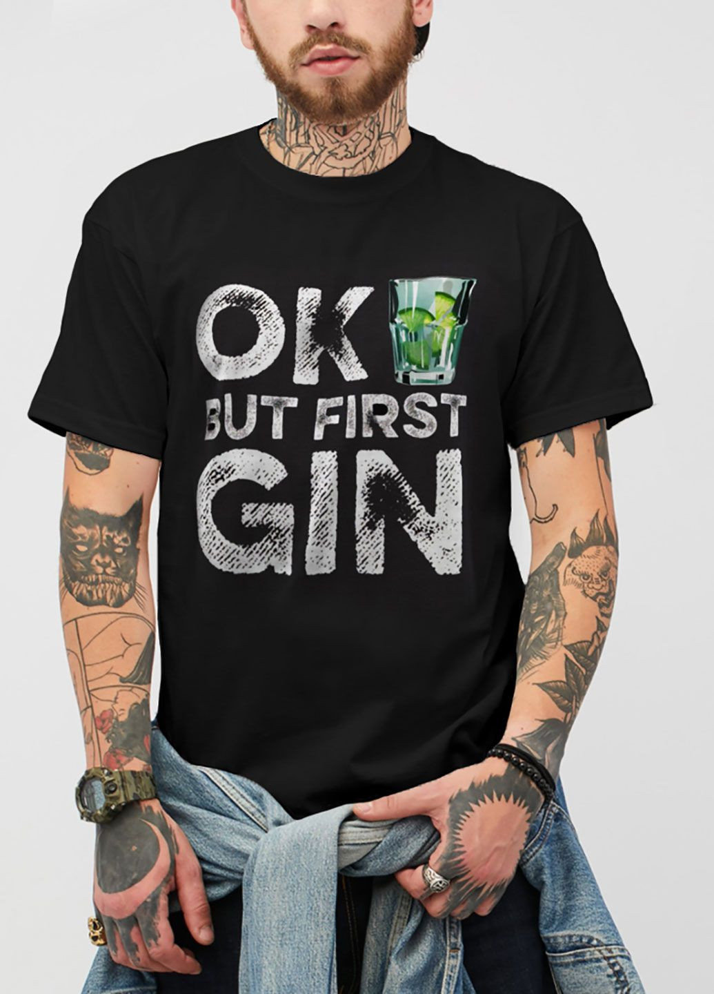 Черная футболка мужская черная ok, but first gin Love&Live