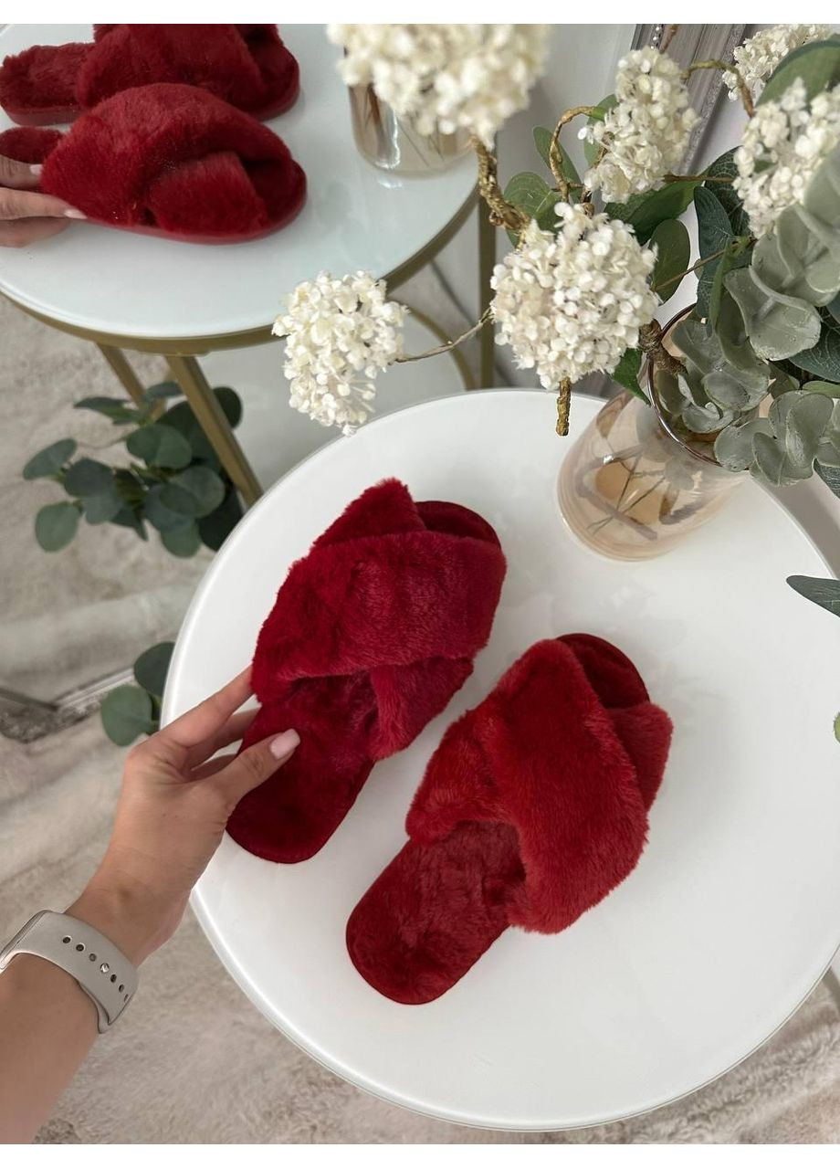 Бордовые женские меховые тапки бордовые с перекрестком / домашние тапочки бордового цвета из мягкого искусственного меха / уютные женские тапочки No Brand