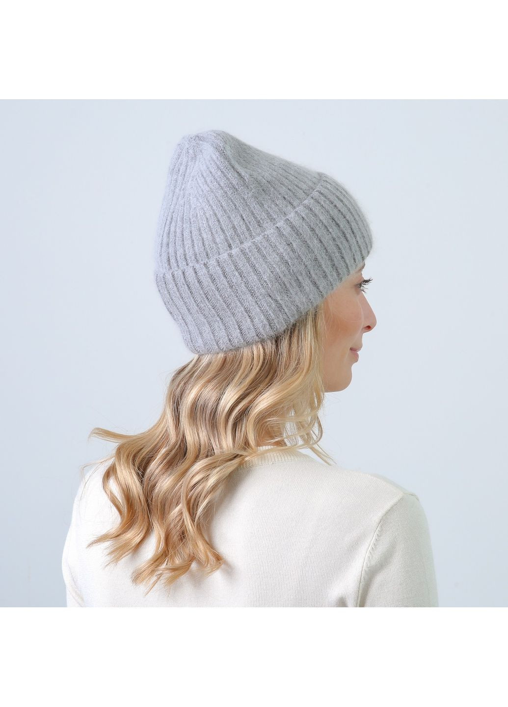 Шапка біні жіноча віскоза з ангорою сіра КАМАРІ LuckyLOOK 873-469 (350197173)