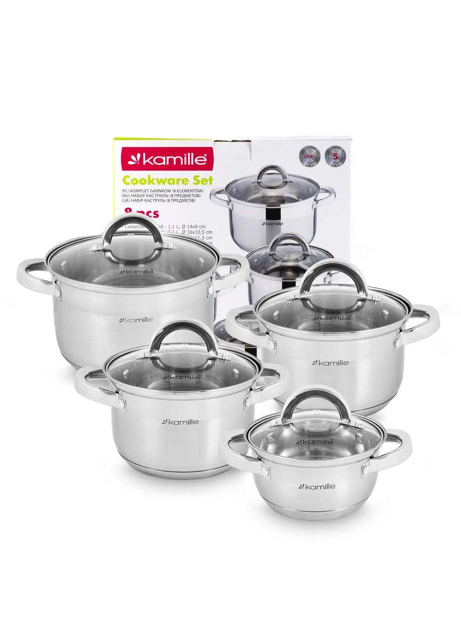 Набор кастрюль из нержавеющей стали 8 предмета для индукции и газа (1.0л, 1,8л, 2,5л, 3,8л) KM- Kamille 5637S (360880125)