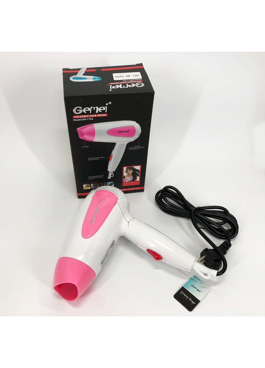 Фен для волосся складаний дорожній GM-1756 1200 Вт, Домашній фен для укладання. Колір: рожевий Gemei (366238643)