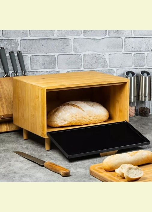 Хлібниця бамбукова з чорною кришкою зі сталі 36×26×23 см KM-1123 Kamille (366818072)