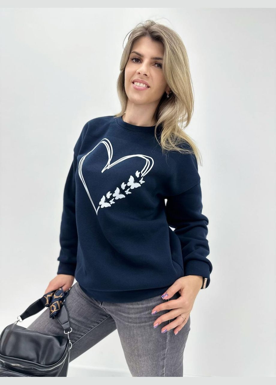 Темно-синій утеплений світшот із принтом Fashion Girl (300850156)