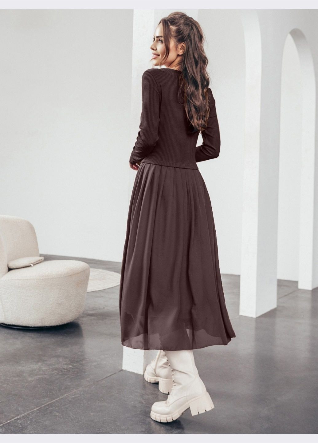 Коричнева святковий комбінована сукня з шифоновою спідницею коричнева Dressa однотонна