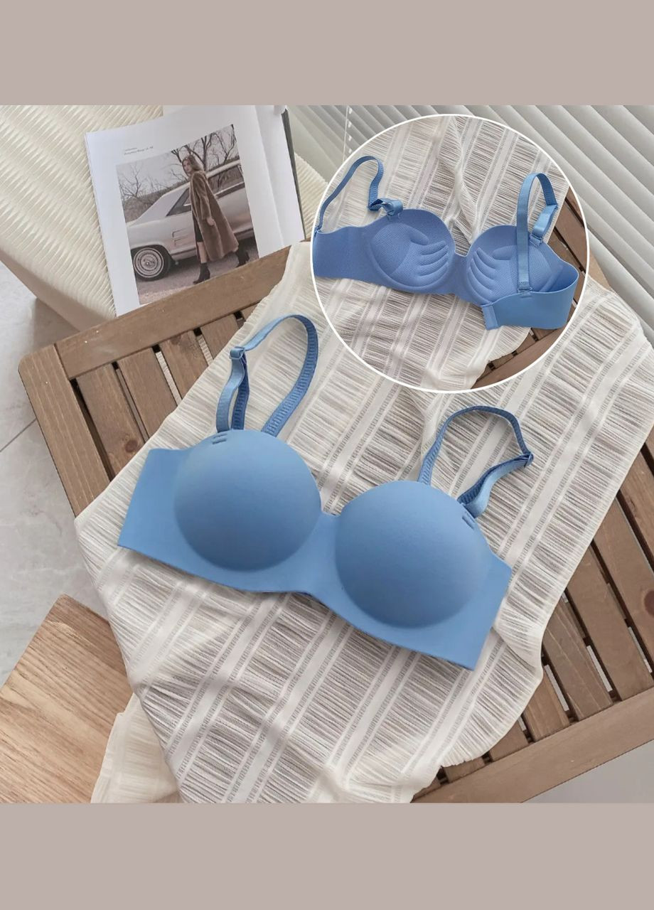 Голубой бюстгальтер бесшовный двойной пуш ап 2см соблазнительное декольте, чашка ав, голубой No Brand без косточек