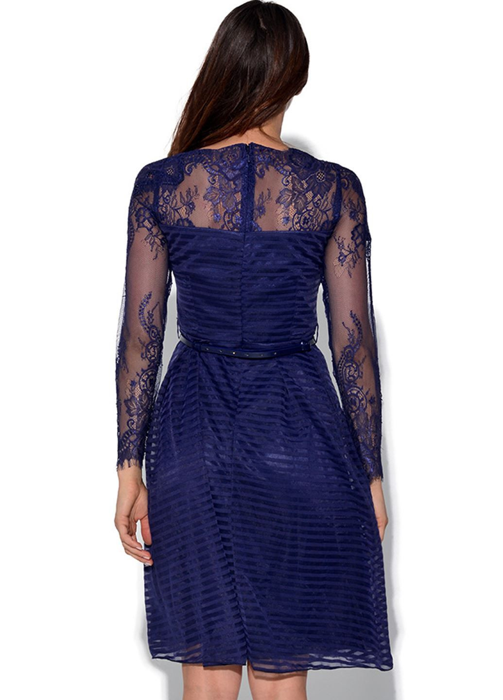 Синя вечірня, святковий, коктейльна мереживна сукня із поясом кльош, бебі долл, з пишною спідницею, а-силует Little Mistress однотонна