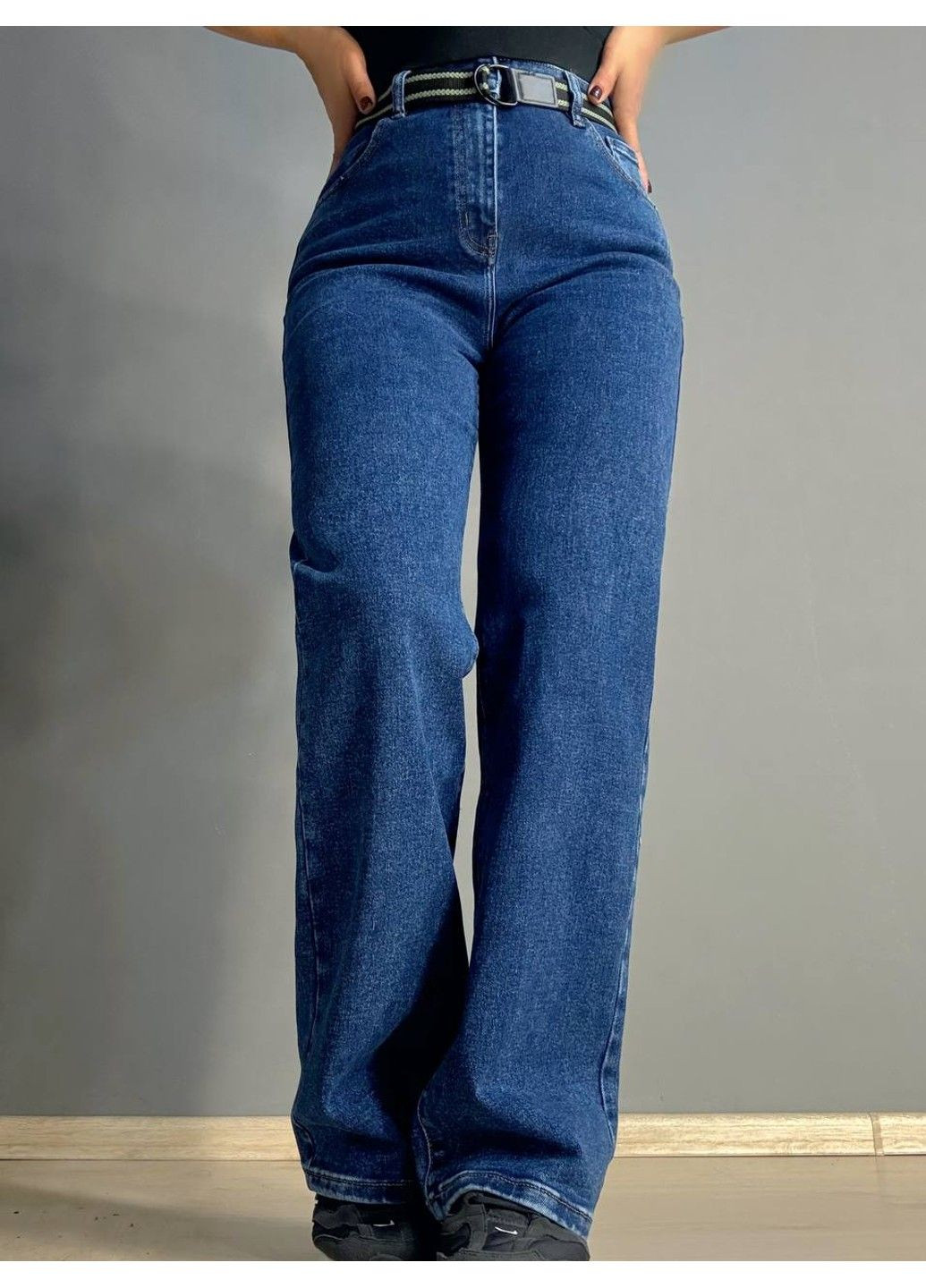 Джинси жіночі 8200 палаццо рівні талія на резинці з ременем сині Derun - (348791506)