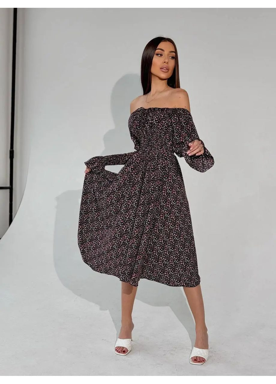 Чорна cукня міді з принтом біла квітка на зеленому No Brand