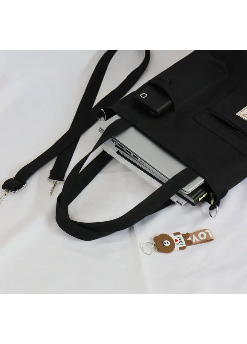 Черный шопер через плечо вместительная сумка с ручками для учебы азиатский стиль на 4 отделения кавай с брелоком мишки kpop No Brand (368717664)