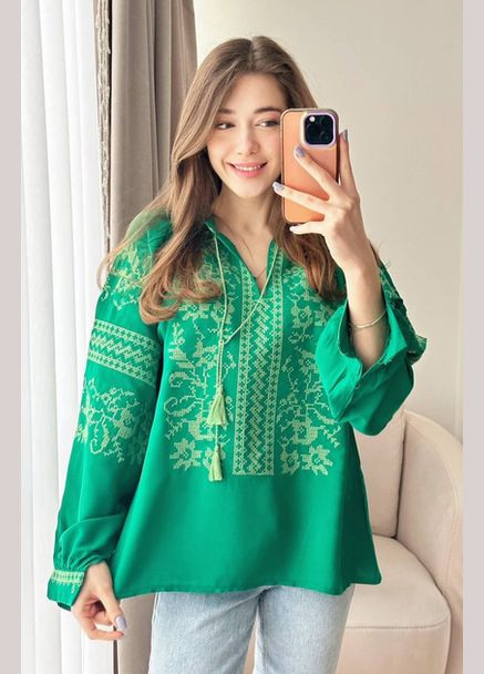 Зелена жіноча вишита сорочка "бандерівка" ESQ (332967301)