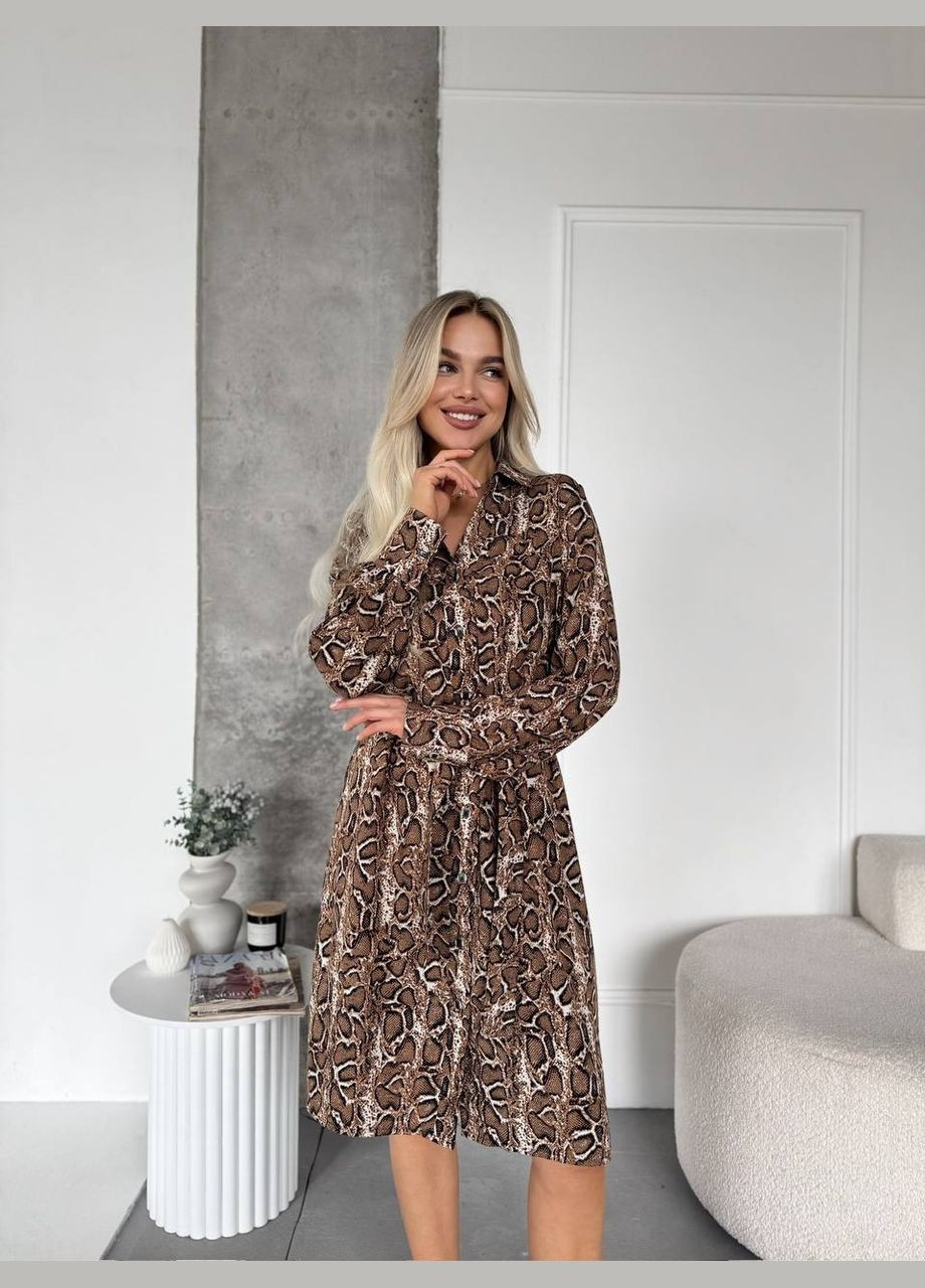 Коричневое повседневный женское платье штапель люкс с длинным рукавом рубашка Style Point змеиный