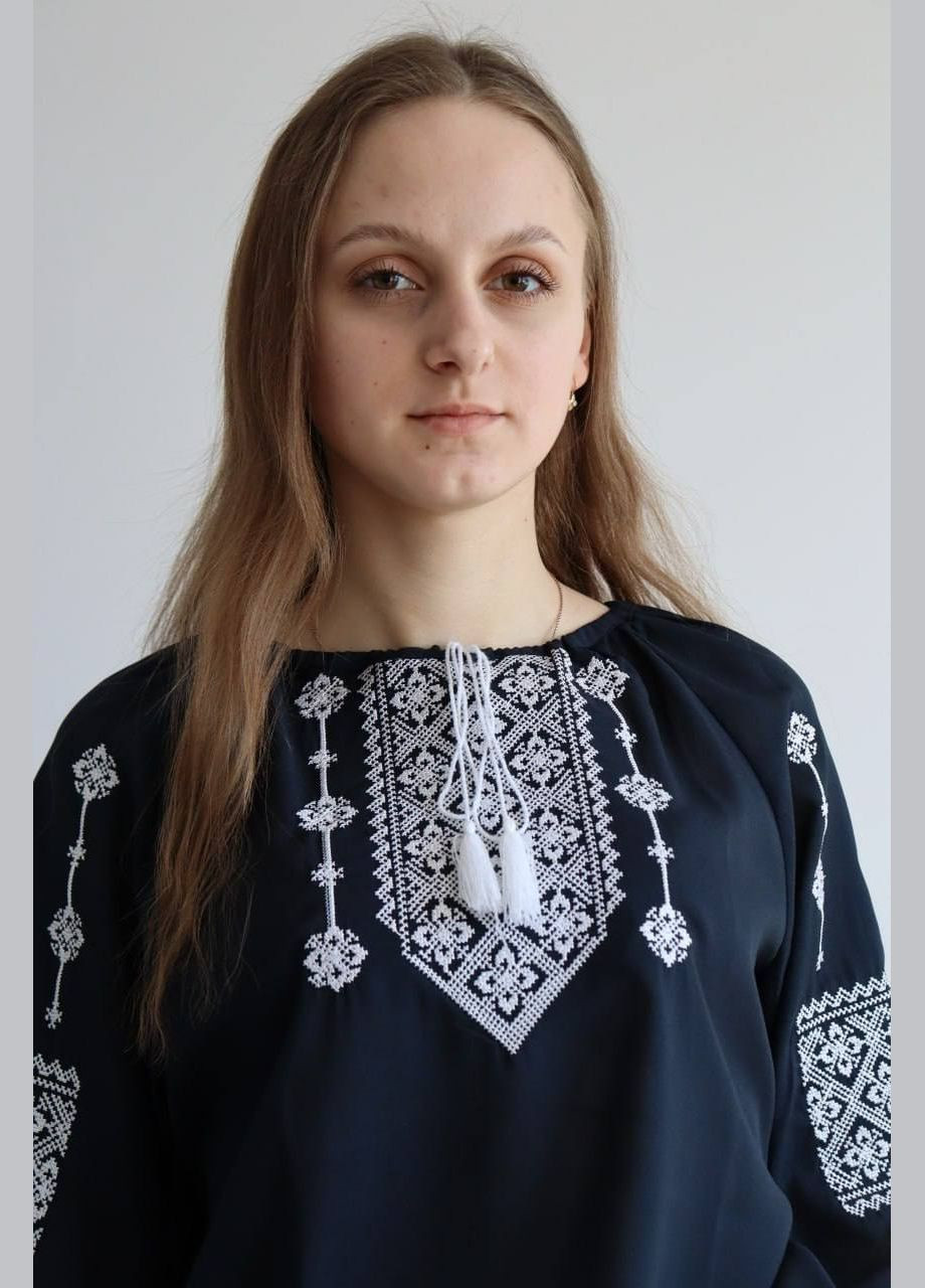 Темно-синя вишиванка жіноча наталка полтавка | синя сорочка з геометричною вишивкою | етно стиль MOTYV візерунок орнамент поліестер (324889027)