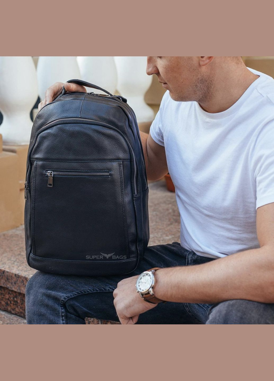 Чорний чоловічий рюкзак з натуральної шкіри для ноутбука із зовнішніми кишенями Tiding Bag (298569600)