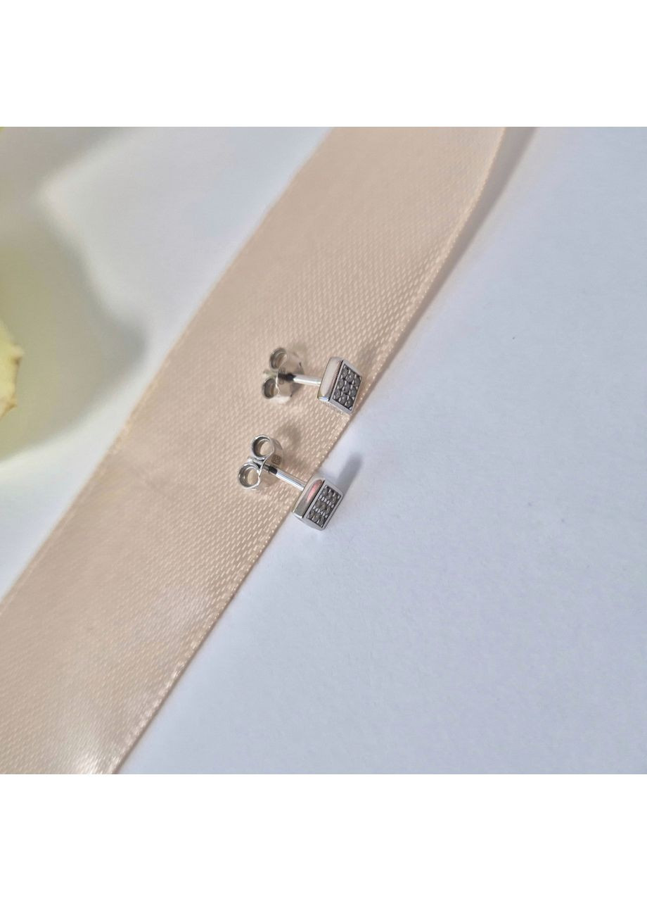 Срібні сережки гвоздики на фіксаторах Квадрат із Білими каміннями срібло 925 проби Родоване 1054 0.91г No Brand (306741368)