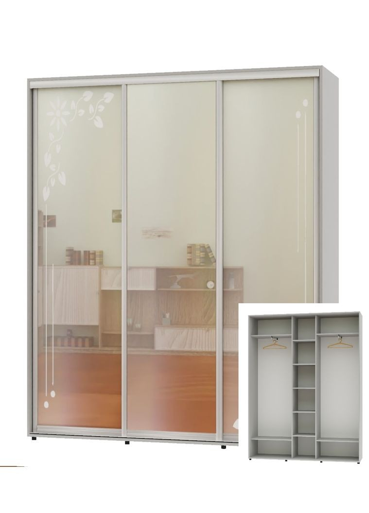 Шафа-купе тридверна 200*45*250 Сірий 2 Дзеркала з піскострумним малюнком/Дзеркало ШК-04 Алекса (360434538)