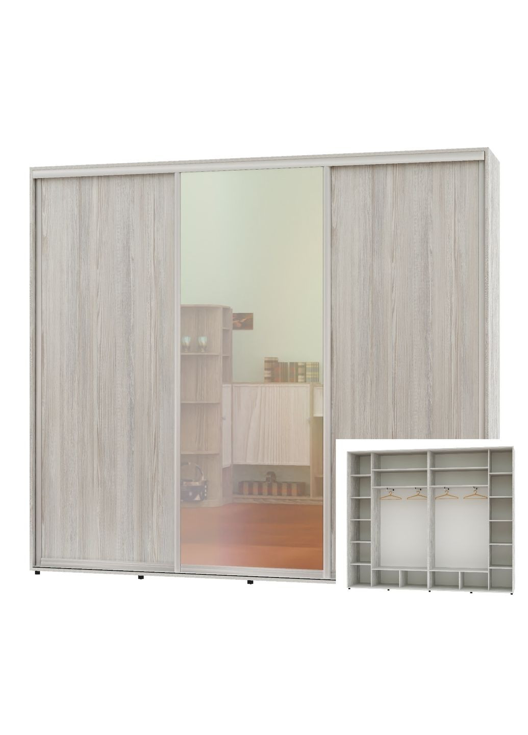 Шкаф-купе трехдверный 300*45*230 см Сосна натти 3 двери ДСП + Зеркало + ДСП Люкс-147 Алекса (360455916)