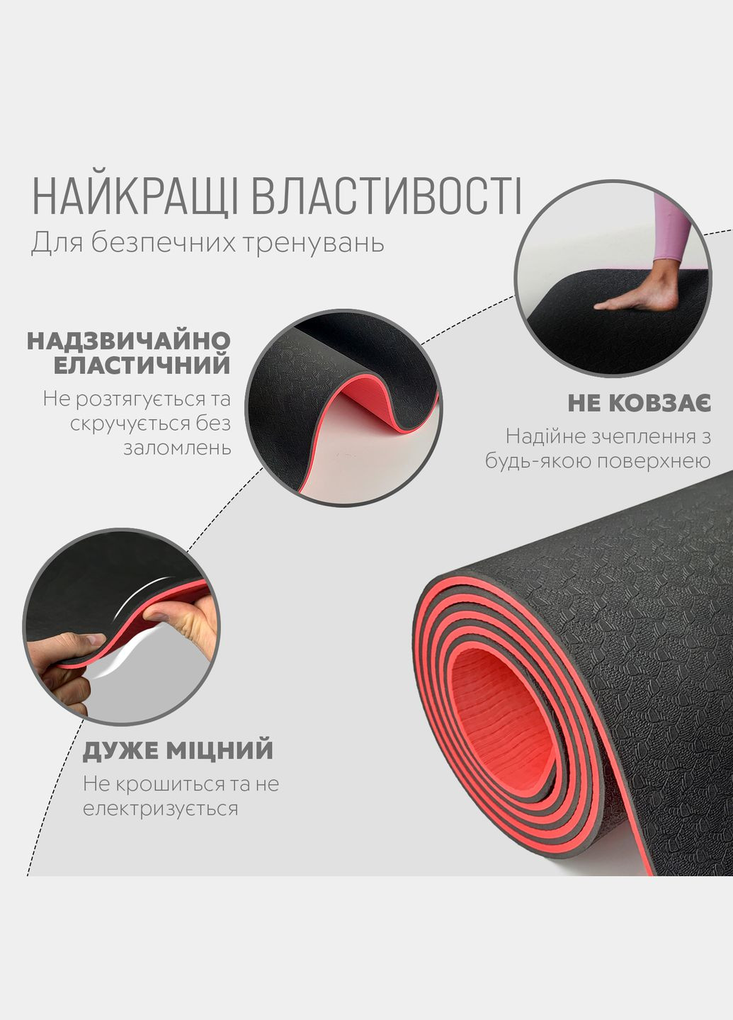 Килимок для йоги та фітнеса TPE+TC 6мм двошаровий + Чохол чорний з червоним EasyFit (365783223)