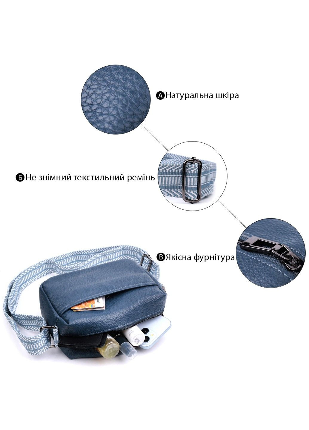 Трендова сумка на одне відділення для стильних жінок із натуральної шкіри 22605 Синя Vintage (297993065)