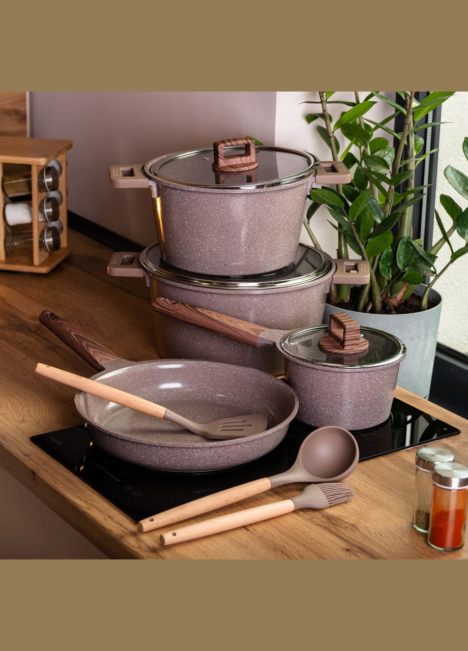 Набір посуду 7 предметів з антипригарним покриттям 1,6/2/5,3/7 л, кавовий MGC (322855524)